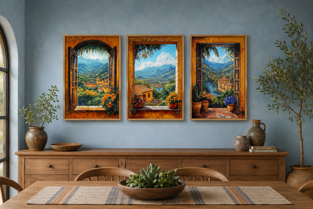 Set of three canvas prints showing colorful Mexican hacienda landscapes through open windows.