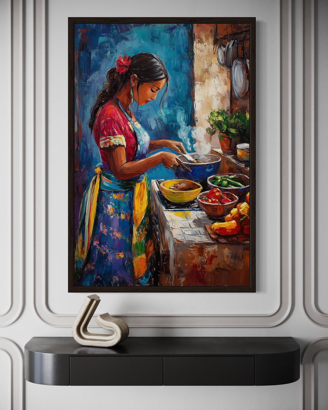 Mexican Woman Cooking Traditional Mexican Kitchen Canvas Wall Art