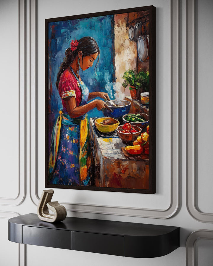 Mexican Woman Cooking Traditional Mexican Kitchen Canvas Wall Art