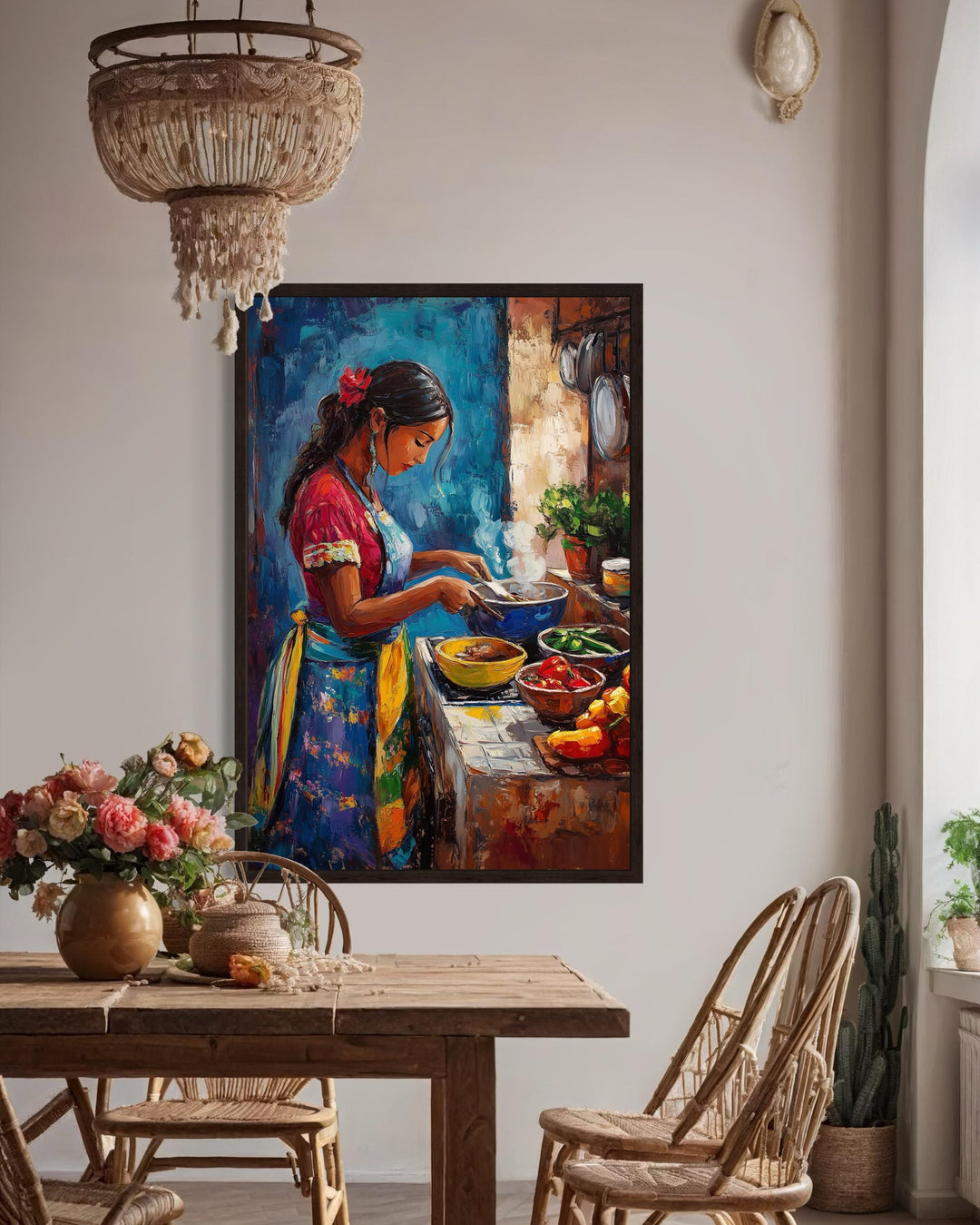 Mexican Woman Cooking Traditional Mexican Kitchen Canvas Wall Art