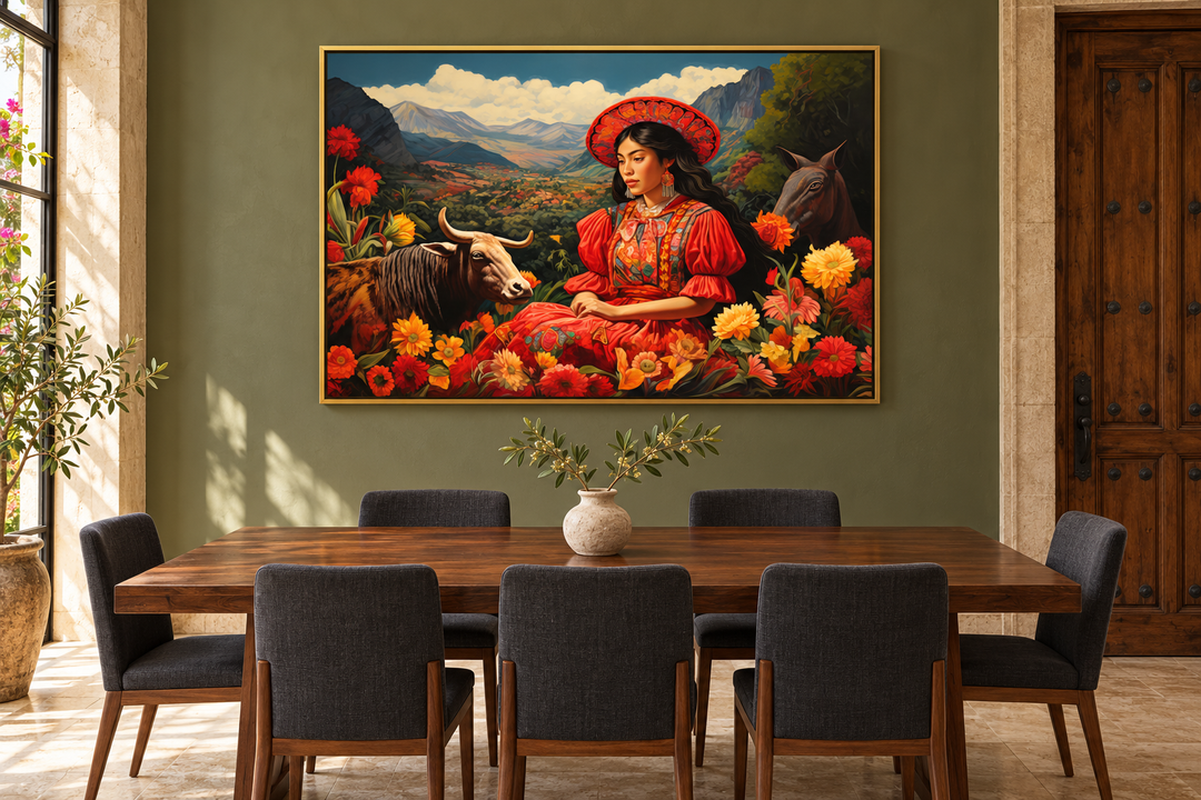Mexican woman in a field with a cow and flowers framed canvas wall art in a dining room.
