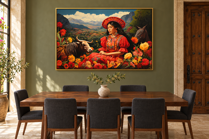 Mexican woman in a field with a cow and flowers framed canvas wall art in a dining room.