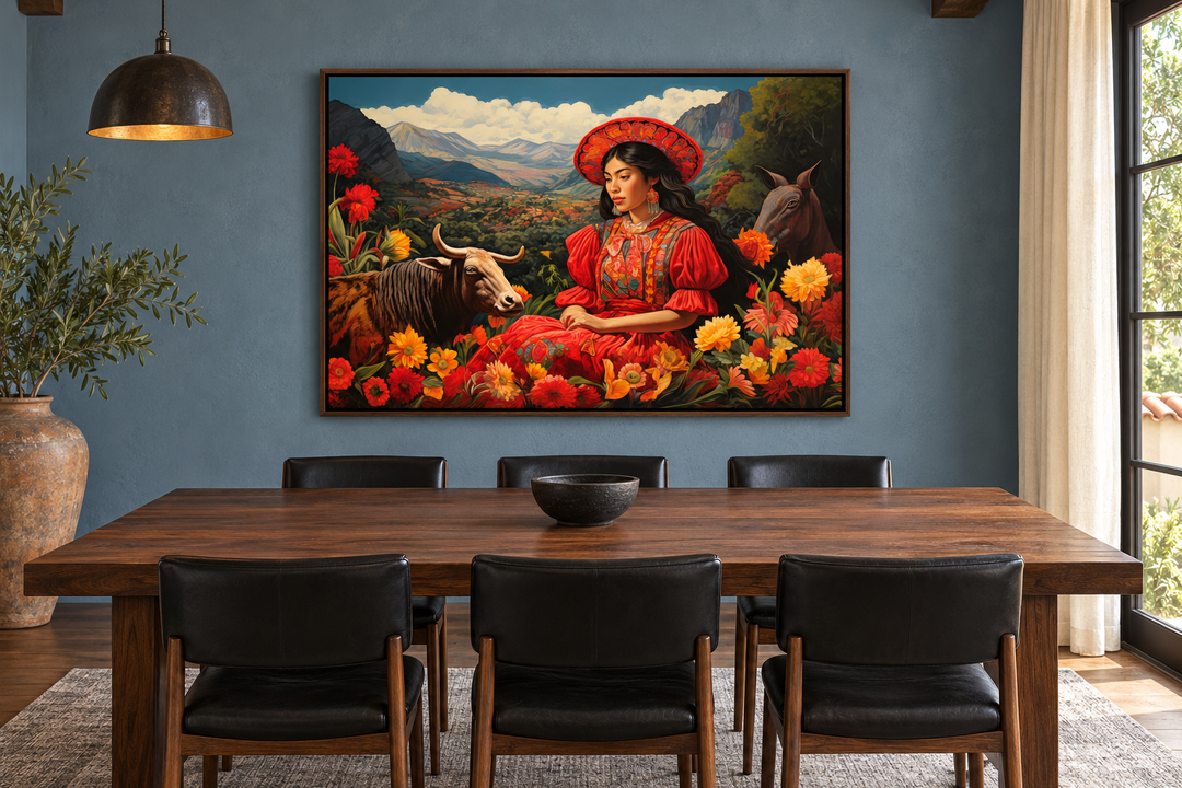 Mexican woman in a red dress with a cow and flowers on a framed canvas in a modern dining room.
