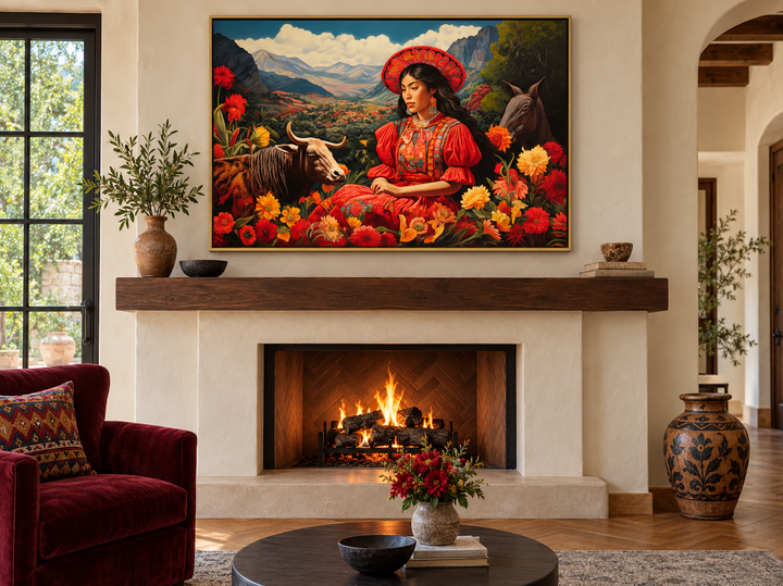 Mexican woman in a field with a cow and flowers framed canvas wall art above a fireplace.