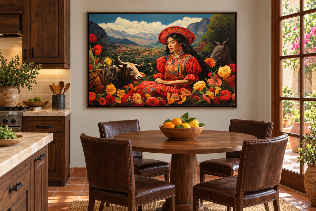 Mexican woman in a field with a cow and flowers framed canvas wall art in a kitchen dining area.