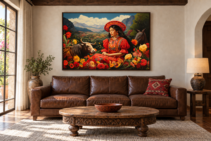 Framed canvas wall art of a Mexican woman in a red dress with a cow and flowers in a living room.