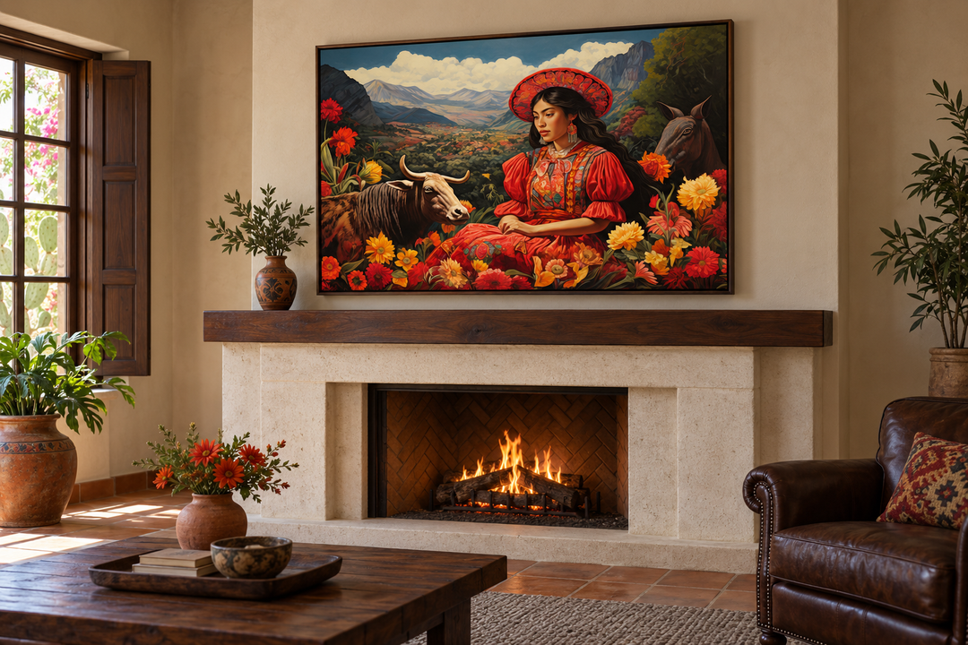 Mexican woman in a field with a cow and flowers framed canvas wall art above a fireplace.