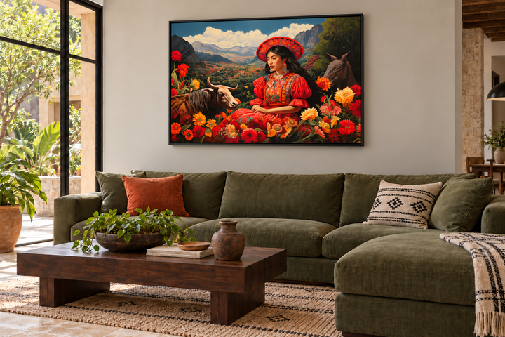 Mexican woman in a field with a cow and flowers framed canvas wall art above a green sectional sofa.