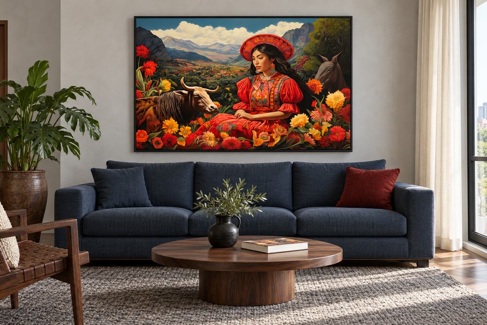 Framed canvas wall art of a Mexican woman in a field with a cow and vibrant flowers above a sofa.