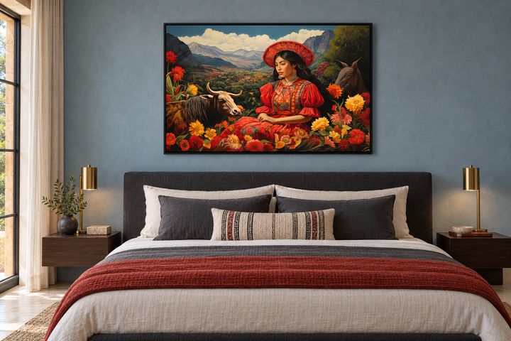 Mexican woman in a field with a cow and flowers framed canvas wall art above a bed.