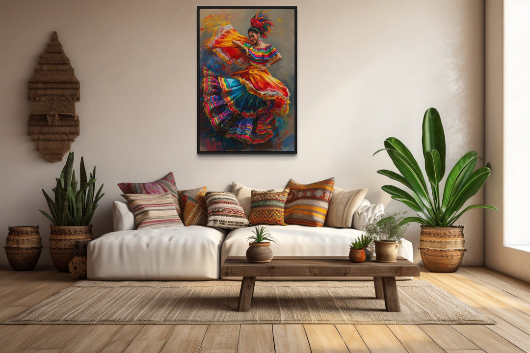 Mexican Woman Dancing Traditional Dance Framed Canvas Wall Art