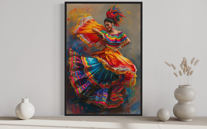 Mexican Woman Dancing Traditional Dance Framed Canvas Wall Art