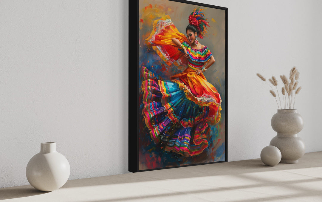 Mexican Woman Dancing Traditional Dance Framed Canvas Wall Art