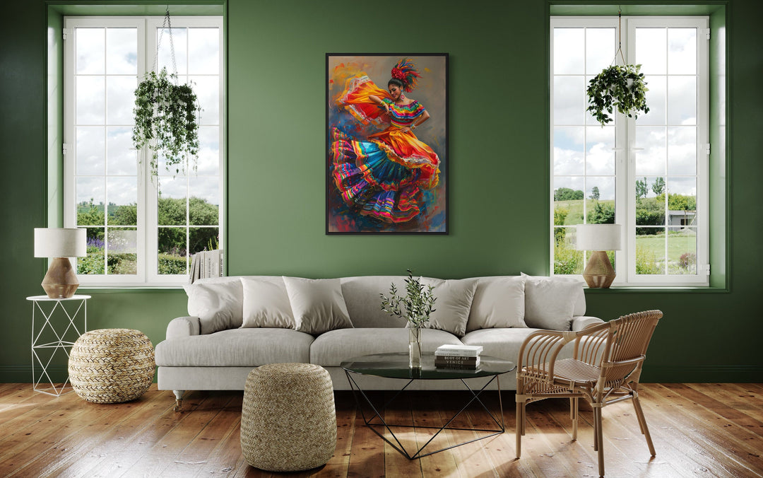 Mexican Woman Dancing Traditional Dance Framed Canvas Wall Art