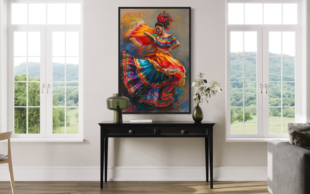 Mexican Woman Dancing Traditional Dance Framed Canvas Wall Art