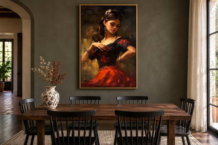 Framed canvas wall art of a dancing Mexican woman in a red dress above a wooden dining table.