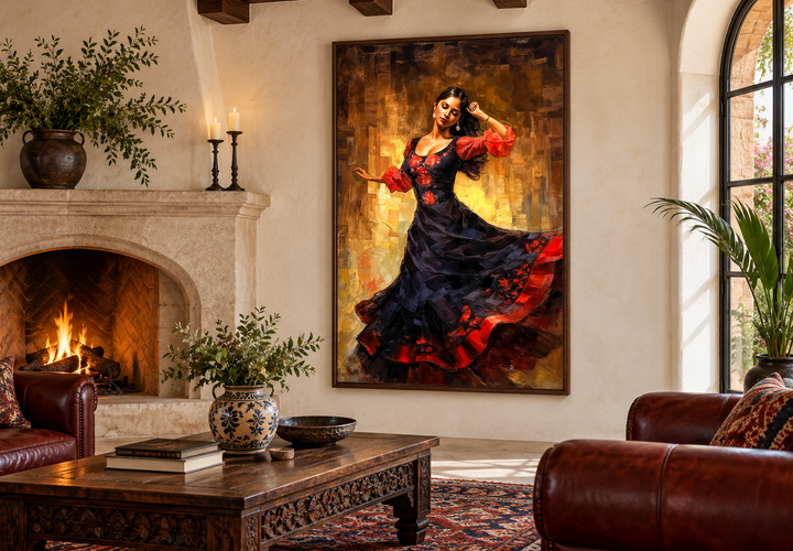 Framed canvas wall art of a Mexican woman dancing in a traditional dress, hung in a rustic room.