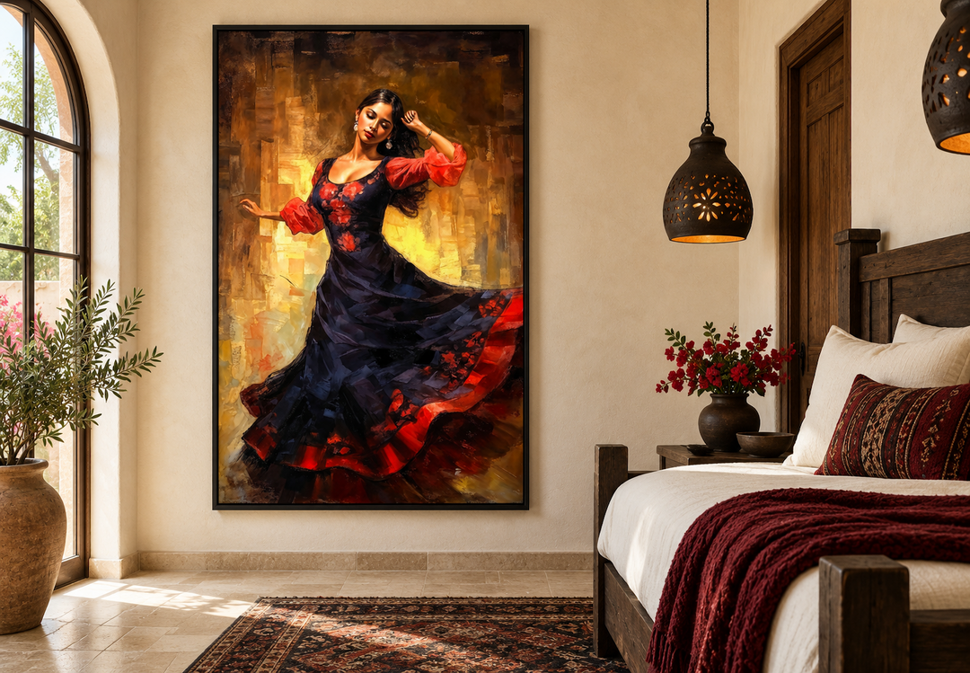 Framed canvas wall art of a Mexican woman dancing in a black and red dress in a rustic bedroom.