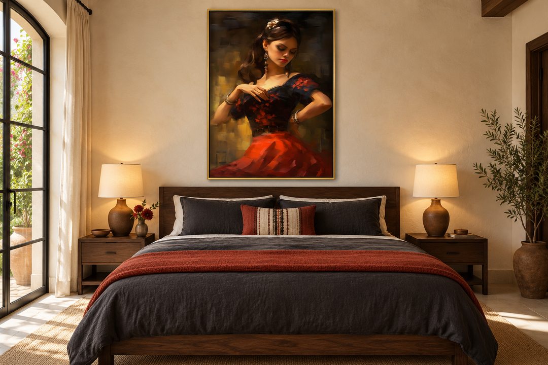 Framed canvas wall art of a dancing Mexican woman in a red dress above a bed in a rustic bedroom.