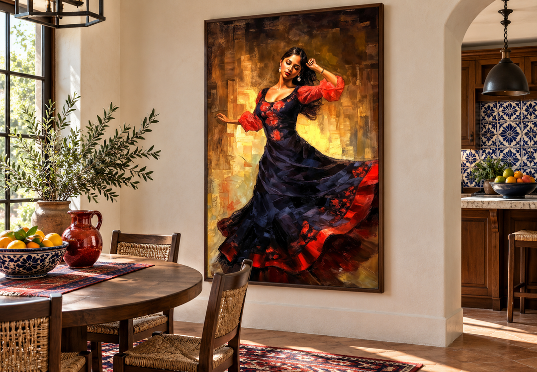 Framed canvas wall art of a Mexican woman in a red and black dress dancing in a dining room.