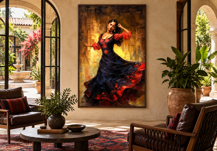 Framed canvas art of a Mexican woman in a dark dress dancing, displayed in a rustic sunroom.