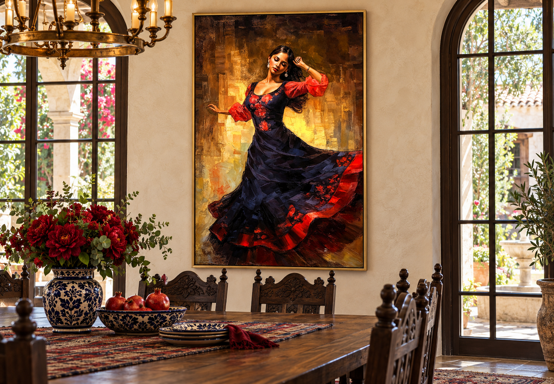 Mexican woman dancing traditional dance framed canvas wall art in a rustic dining room setting.