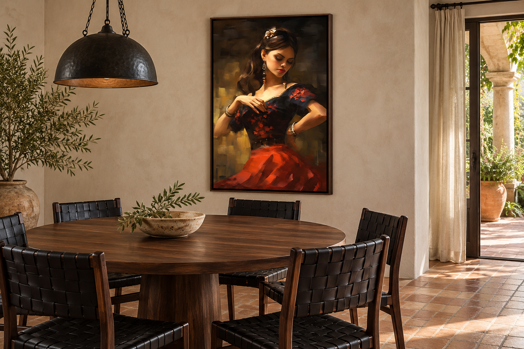 Dancing Mexican woman in a red dress framed canvas wall art in a rustic dining room.
