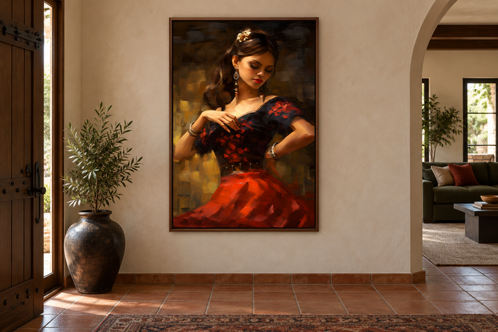 Framed canvas wall art of a dancing Mexican woman in a red dress, displayed in a rustic entryway.