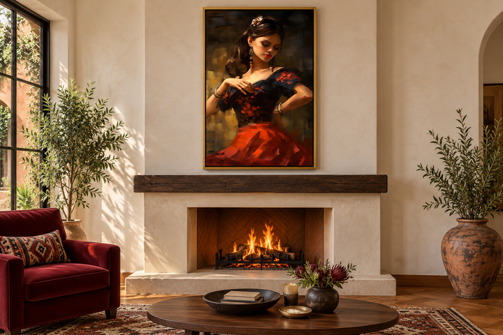 Dancing Mexican woman in a red dress framed canvas wall art hanging above a fireplace.