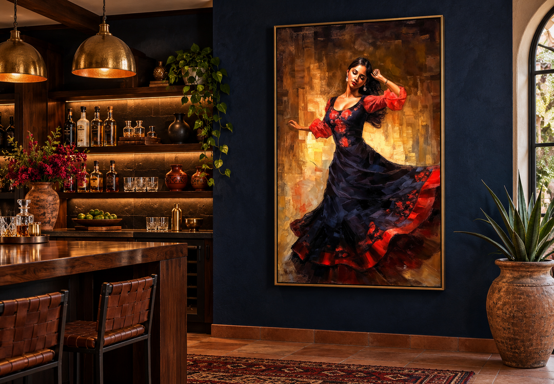 Mexican woman dancing traditional dance framed canvas wall art in a dark blue home bar setting.