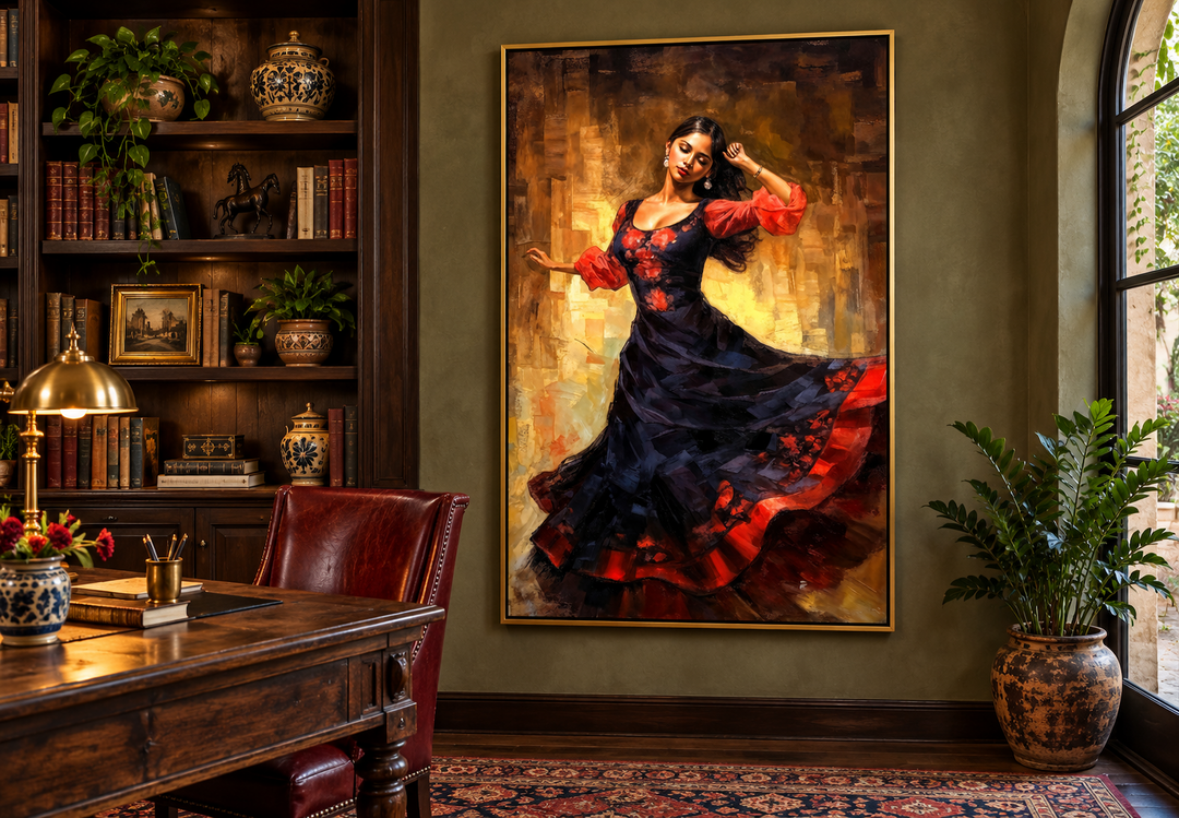 Framed canvas wall art of a Mexican woman dancing in a traditional dress, hung in a classic study.