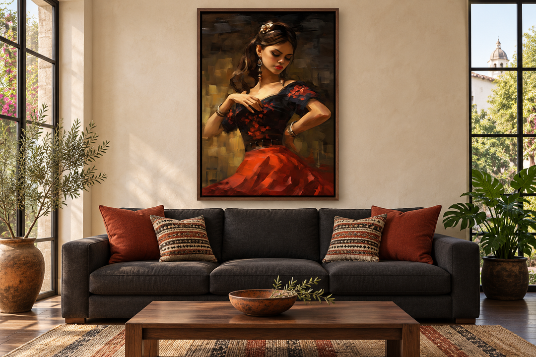 Dancing Mexican woman in red dress framed canvas wall art hanging above a dark grey sofa.