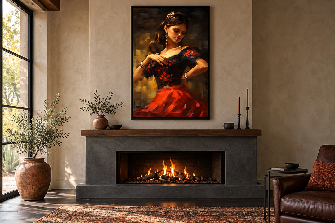 Dancing Mexican woman in a red dress framed canvas wall art hanging above a modern fireplace.