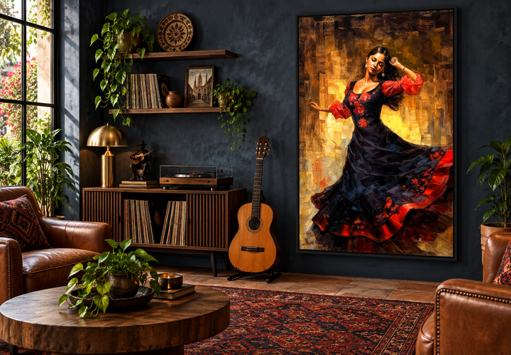 Mexican woman dancing traditional dance framed canvas wall art in a dark, rustic music lounge.