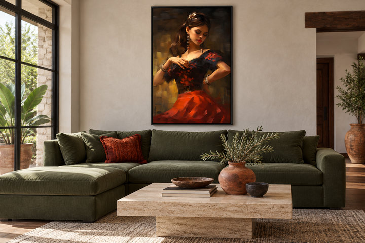 Dancing Mexican woman in a red dress framed canvas wall art hanging above a green sectional sofa.