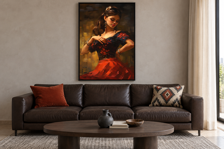 Dancing Mexican Woman In Red Framed Canvas Wall Art hanging above a brown leather sofa.