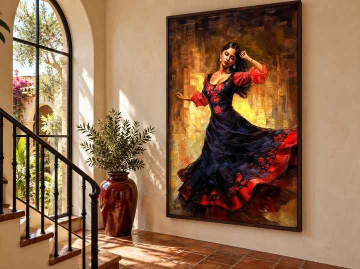 Mexican woman dancing traditional dance framed canvas wall art in a rustic stair landing.
