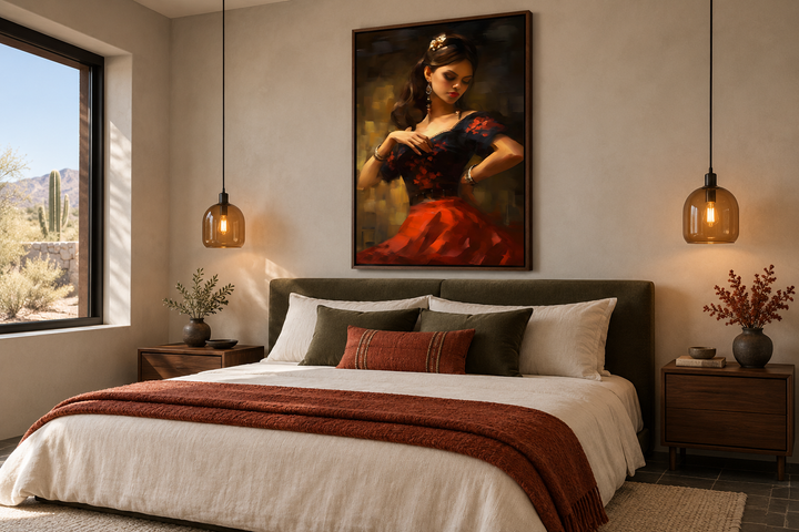 Dancing Mexican woman in a red dress framed canvas wall art hanging above a bed in a modern bedroom.