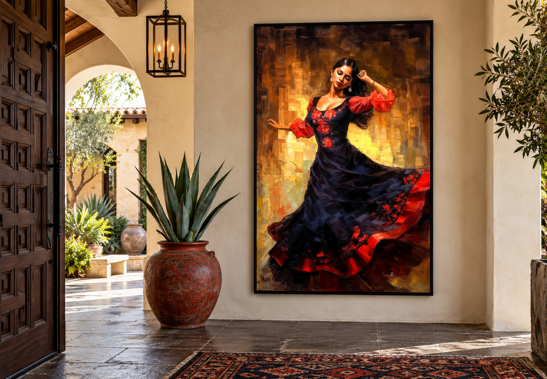 Mexican woman dancing traditional dance framed canvas wall art in a rustic entryway.