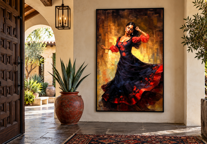Mexican woman dancing traditional dance framed canvas wall art in a rustic entryway.