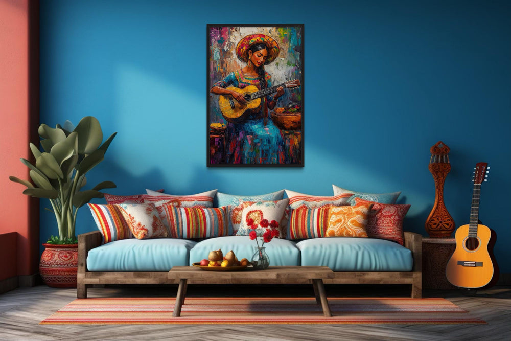 Mexican Woman Playing Guitar Framed Canvas Wall Art