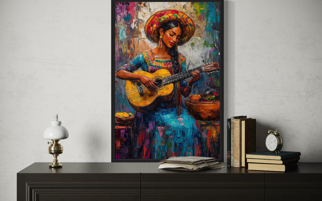 Mexican Woman Playing Guitar Framed Canvas Wall Art