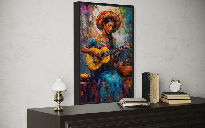 Mexican Woman Playing Guitar Framed Canvas Wall Art