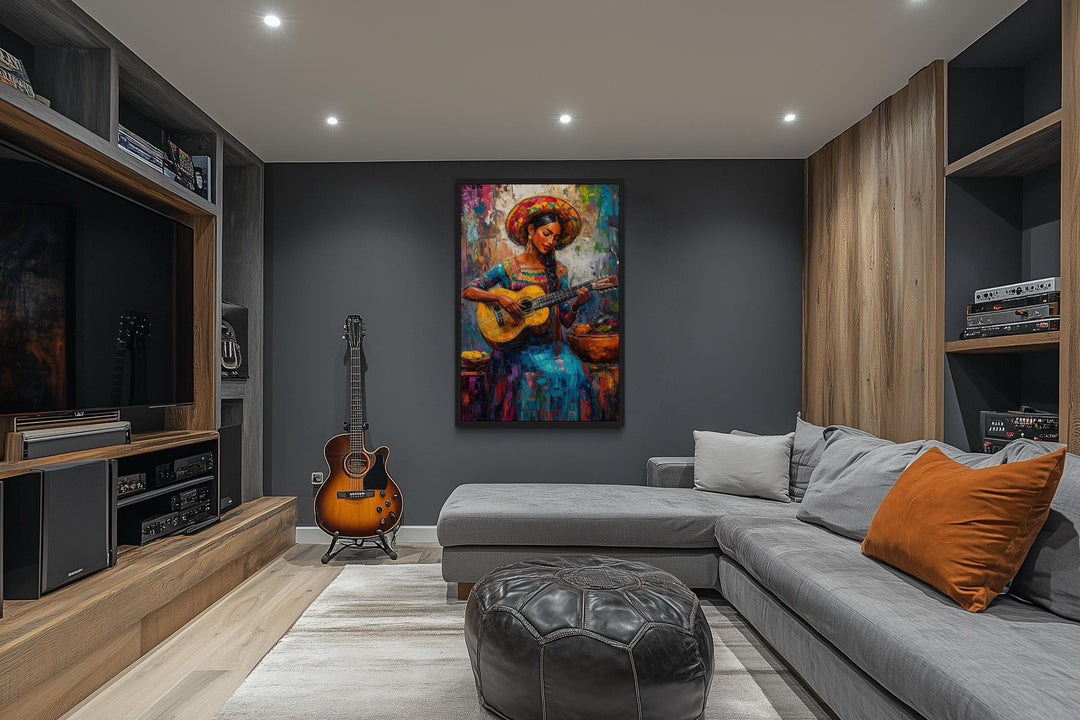 Mexican Woman Playing Guitar Framed Canvas Wall Art