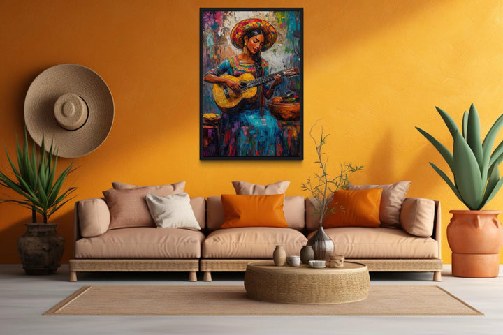 Mexican Woman Playing Guitar Framed Canvas Wall Art