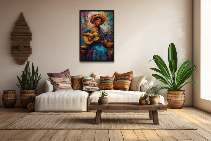 Mexican Woman Playing Guitar Framed Canvas Wall Art