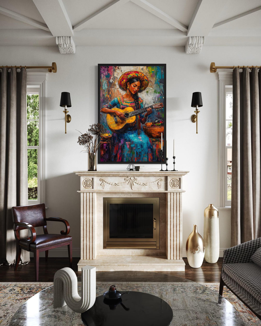 Mexican Woman Playing Guitar Framed Canvas Wall Art