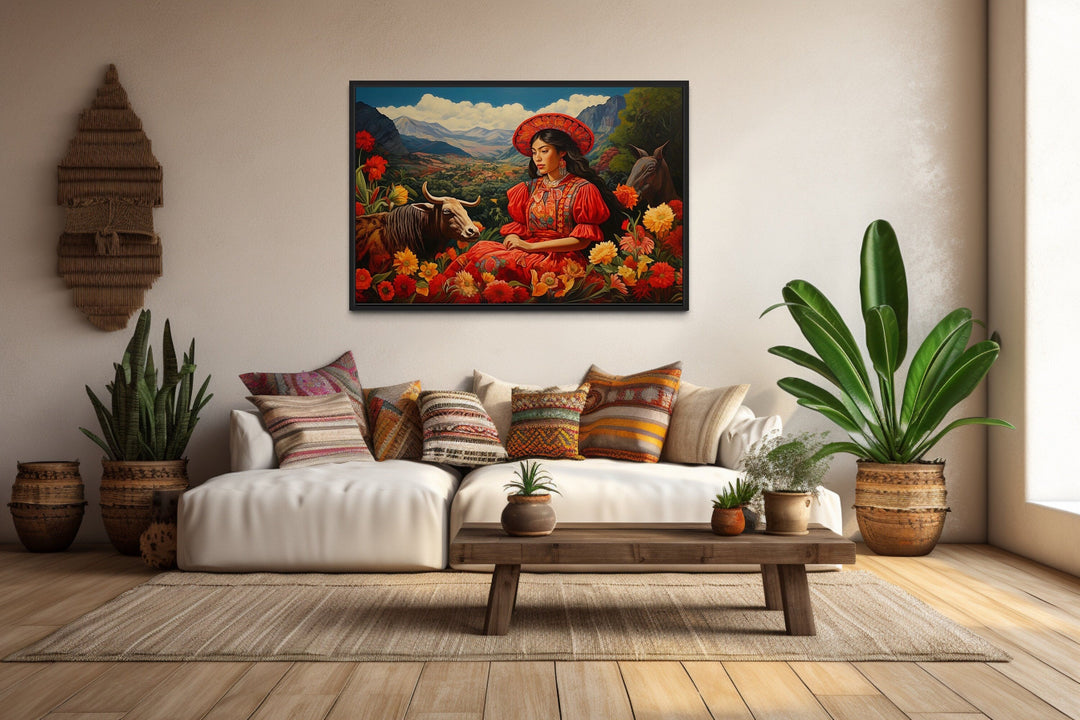 Mexican Wall Art - Mexican Woman in The Field With Cow And Flowers Framed Canvas Wall Art