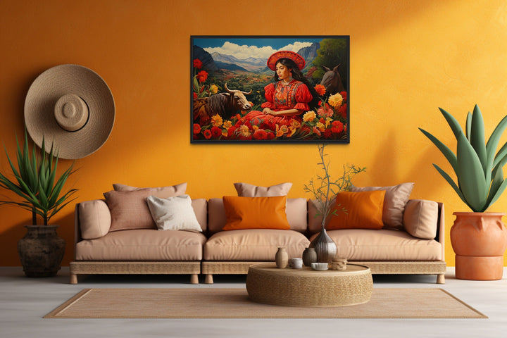 Mexican Wall Art - Mexican Woman in The Field With Cow And Flowers Framed Canvas Wall Art