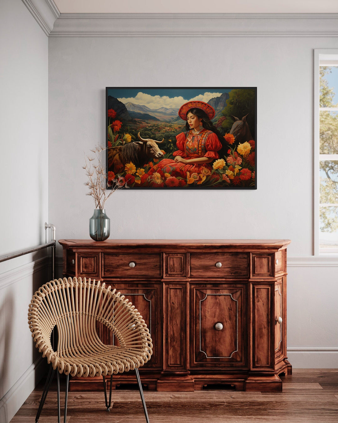 Mexican Woman in The Field With Cow And Flowers Framed Canvas Wall Art